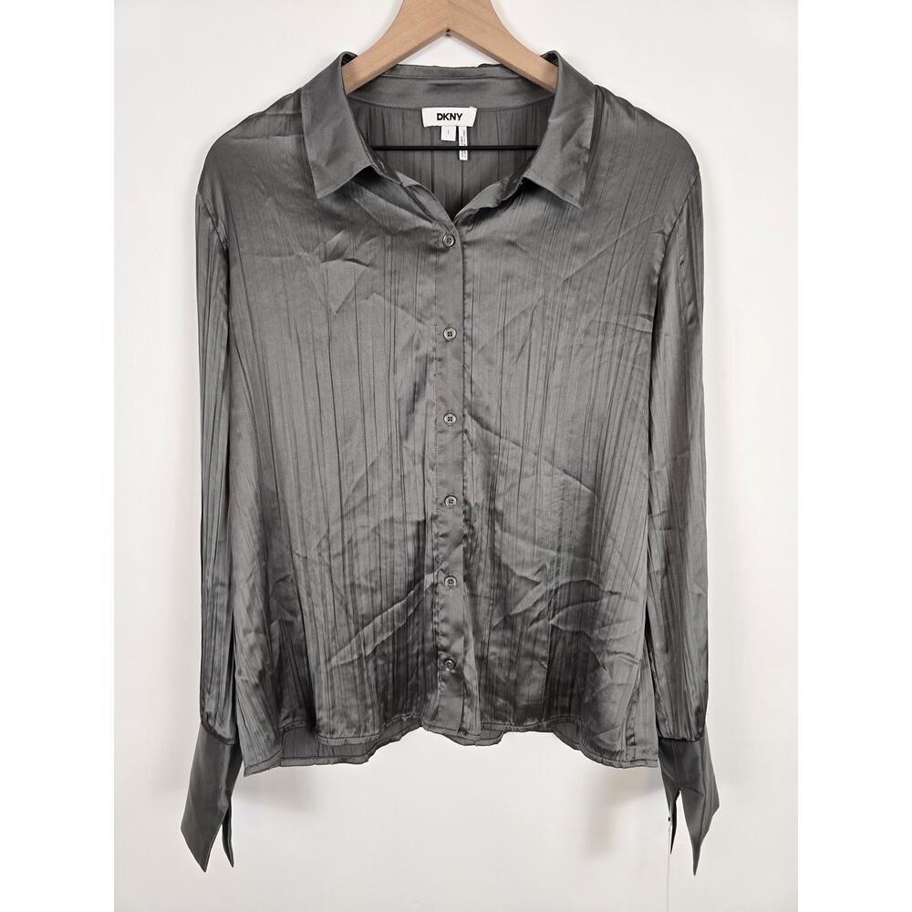 DKNY Gray Satin Button Down Blouse Silver Workwear Chic Size L
